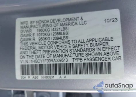 2024 Honda Accord Ex from USA, damaged, VIN 1HGCY1F39RA009513